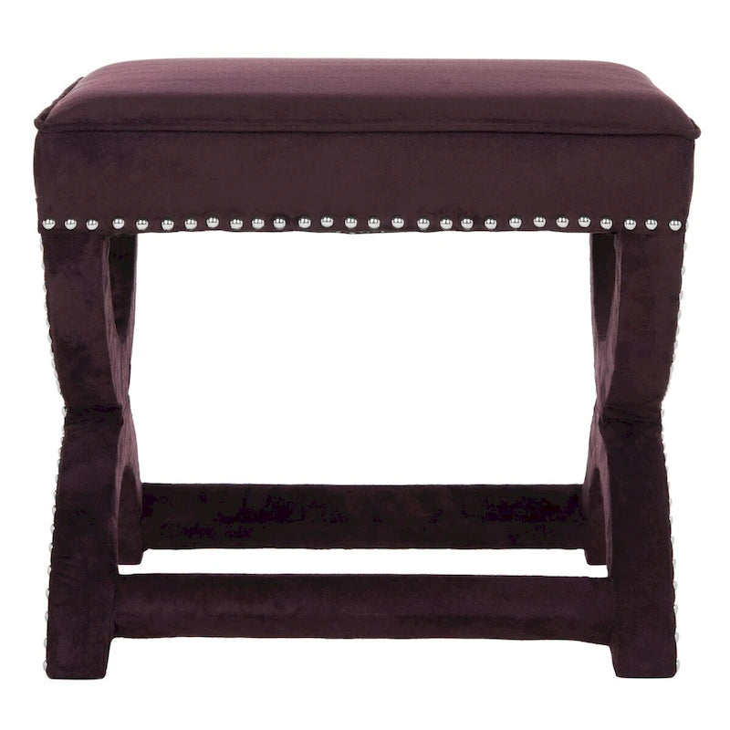 Banc ottoman en lin en forme de X avec bordure cloutée, simple — Taupe / Rose poudré / Prune / Gris / Bleu / Crème / Jaune