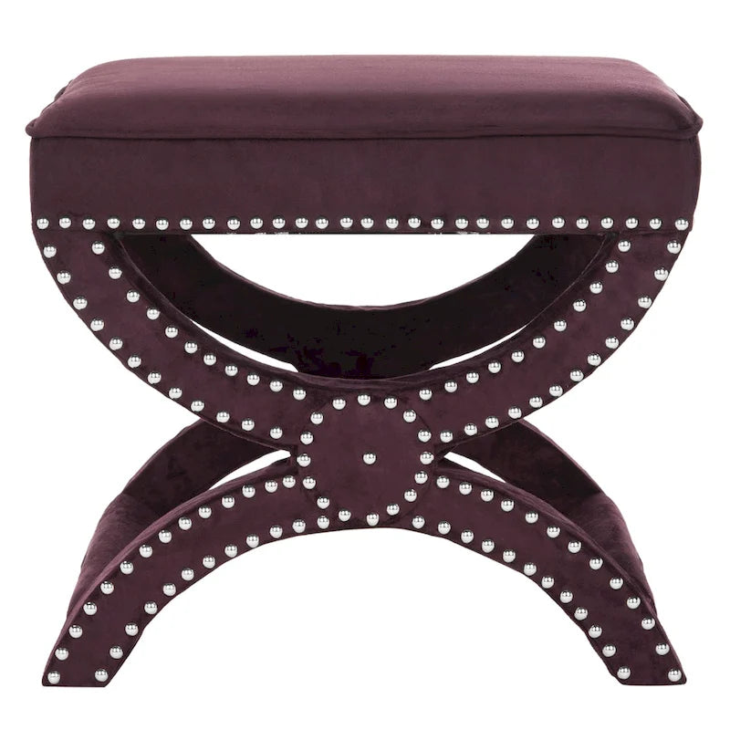 Banc ottoman en lin en forme de X avec bordure cloutée, simple — Taupe / Rose poudré / Prune / Gris / Bleu / Crème / Jaune