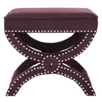 Banc ottoman en lin en forme de X avec bordure cloutée, simple — Taupe / Rose poudré / Prune / Gris / Bleu / Crème / Jaune
