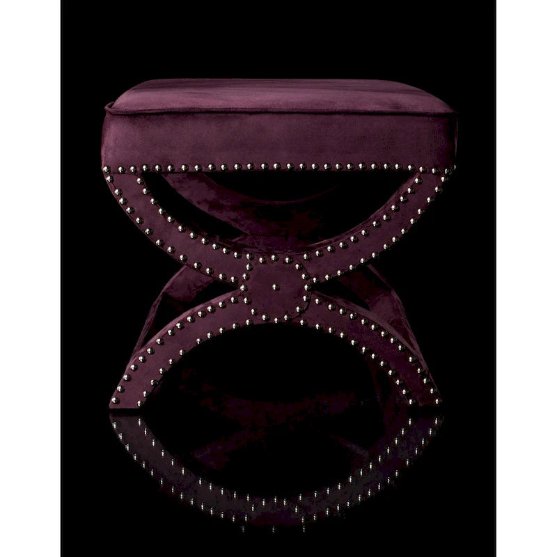 Banc ottoman en lin en forme de X avec bordure cloutée, simple — Taupe / Rose poudré / Prune / Gris / Bleu / Crème / Jaune