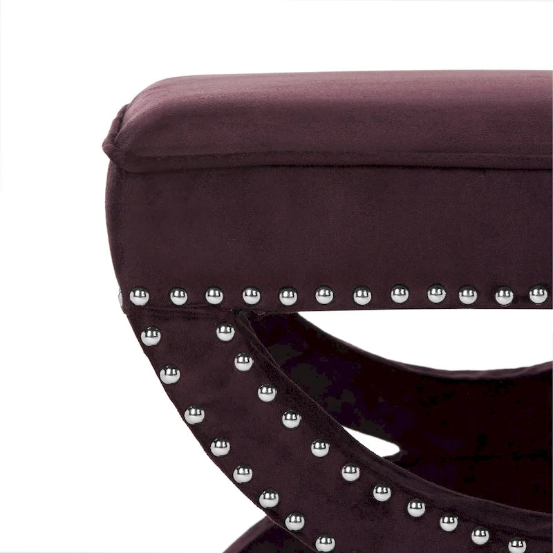 Banc ottoman en lin en forme de X avec bordure cloutée, simple — Taupe / Rose poudré / Prune / Gris / Bleu / Crème / Jaune