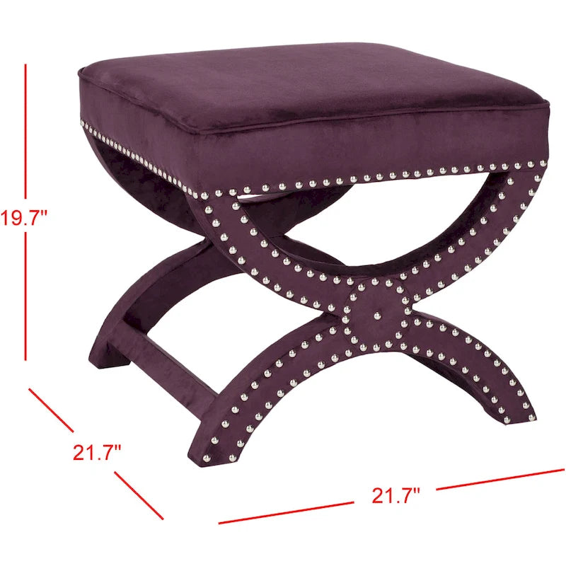 Banc ottoman en lin en forme de X avec bordure cloutée, simple — Taupe / Rose poudré / Prune / Gris / Bleu / Crème / Jaune