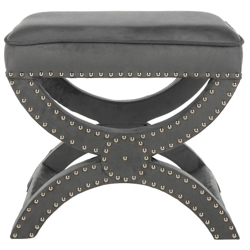 Banc ottoman en lin en forme de X avec bordure cloutée, simple — Taupe / Rose poudré / Prune / Gris / Bleu / Crème / Jaune