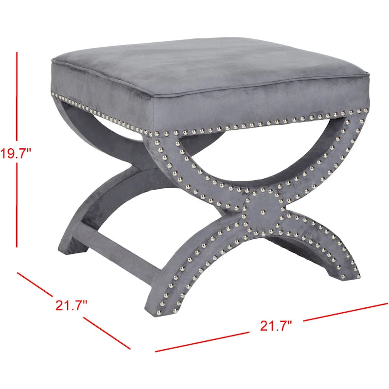 Banc ottoman en lin en forme de X avec bordure cloutée, simple — Taupe / Rose poudré / Prune / Gris / Bleu / Crème / Jaune