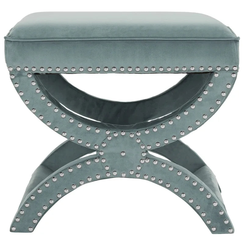 Banc ottoman en lin en forme de X avec bordure cloutée, simple — Taupe / Rose poudré / Prune / Gris / Bleu / Crème / Jaune