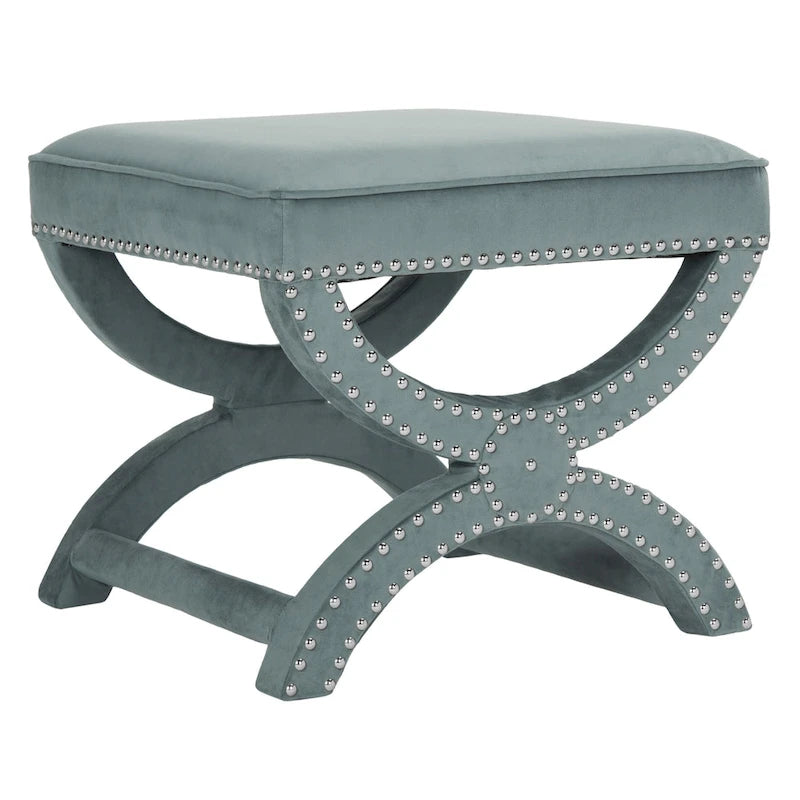 Banc ottoman en lin en forme de X avec bordure cloutée, simple — Taupe / Rose poudré / Prune / Gris / Bleu / Crème / Jaune