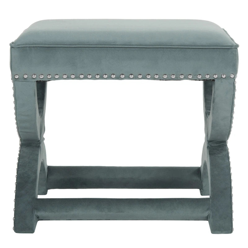 Banc ottoman en lin en forme de X avec bordure cloutée, simple — Taupe / Rose poudré / Prune / Gris / Bleu / Crème / Jaune