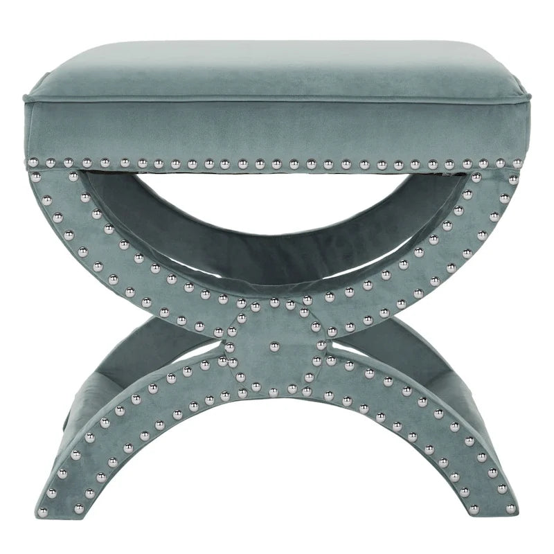 Banc ottoman en lin en forme de X avec bordure cloutée, simple — Taupe / Rose poudré / Prune / Gris / Bleu / Crème / Jaune