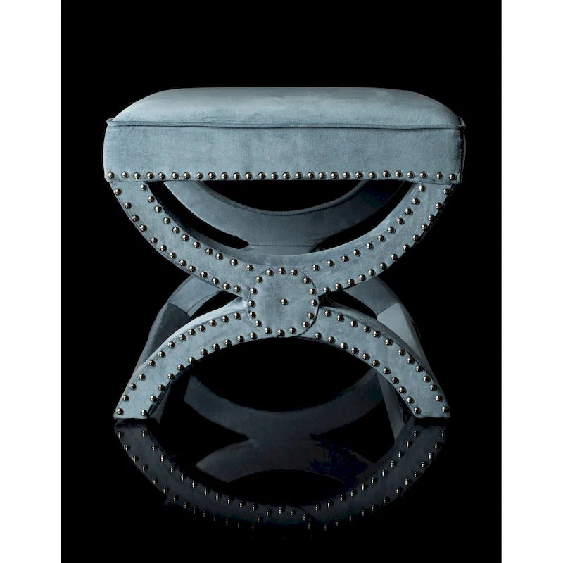 Banc ottoman en lin en forme de X avec bordure cloutée, simple — Taupe / Rose poudré / Prune / Gris / Bleu / Crème / Jaune