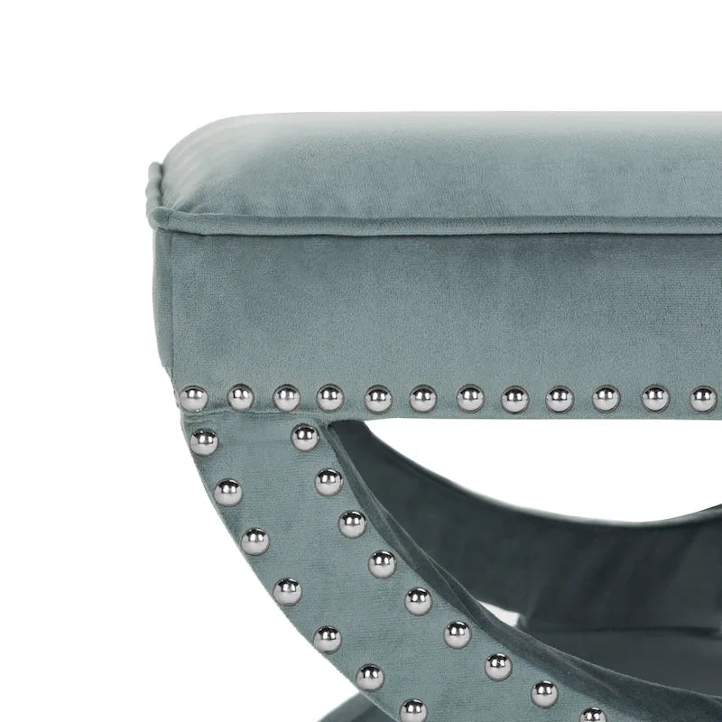 Banc ottoman en lin en forme de X avec bordure cloutée, simple — Taupe / Rose poudré / Prune / Gris / Bleu / Crème / Jaune
