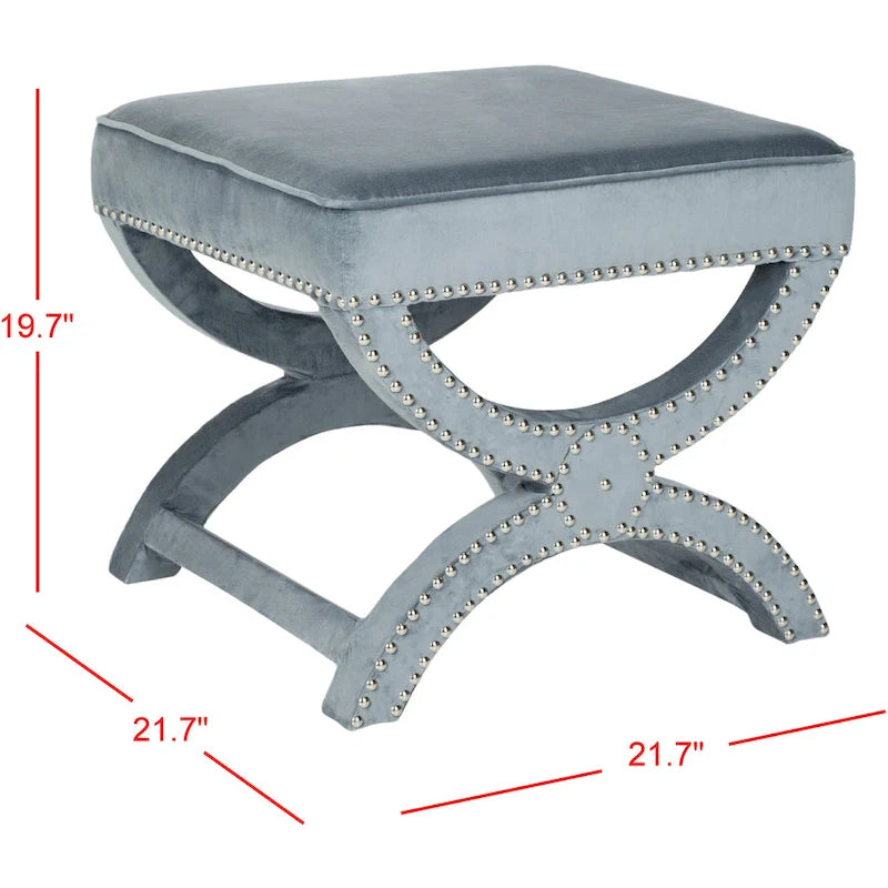Banc ottoman en lin en forme de X avec bordure cloutée, simple — Taupe / Rose poudré / Prune / Gris / Bleu / Crème / Jaune
