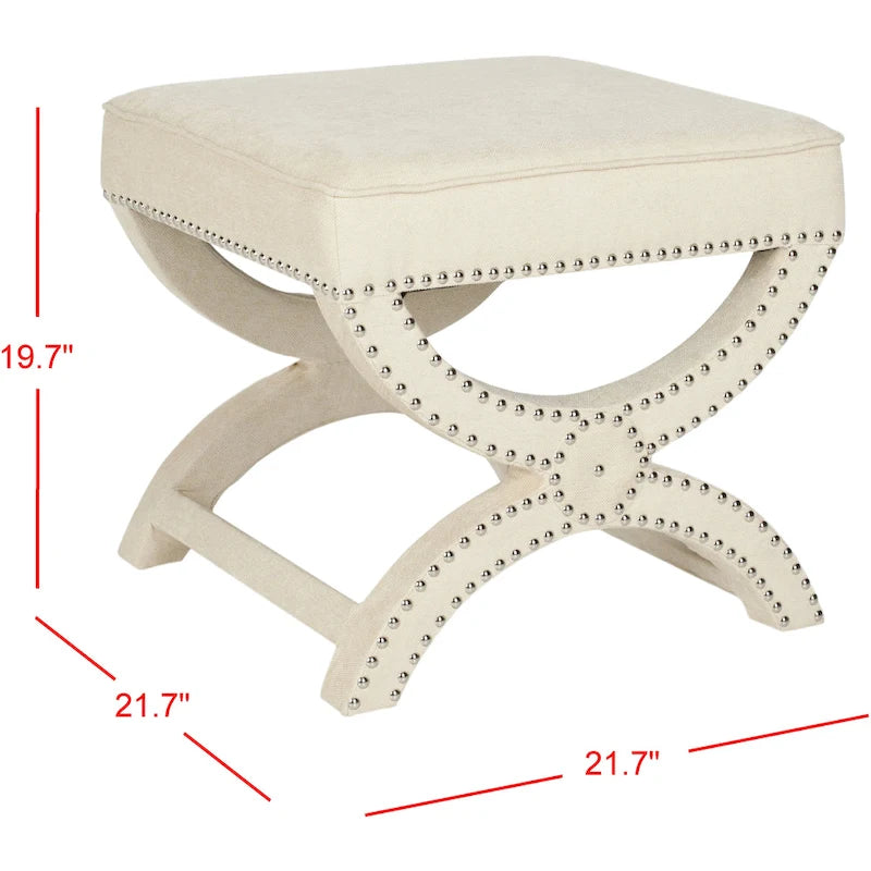 Banc ottoman en lin en forme de X avec bordure cloutée, simple — Taupe / Rose poudré / Prune / Gris / Bleu / Crème / Jaune