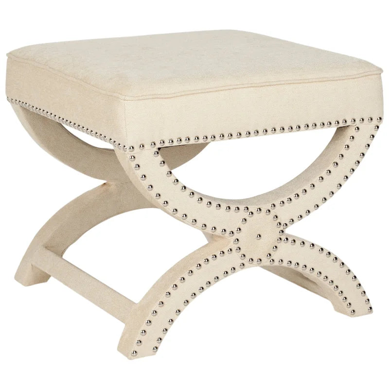 Banc ottoman en lin en forme de X avec bordure cloutée, simple — Taupe / Rose poudré / Prune / Gris / Bleu / Crème / Jaune