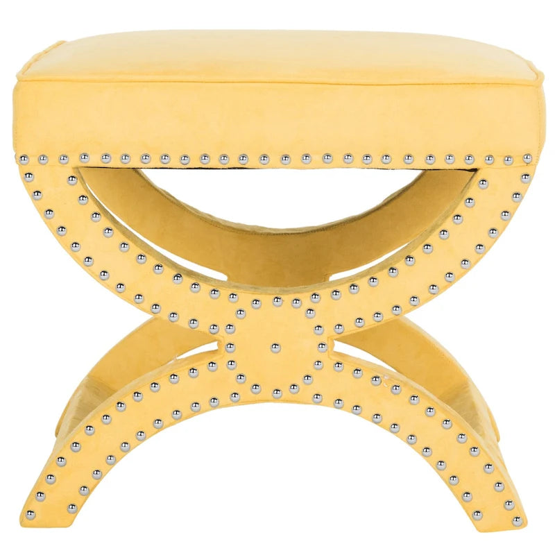 Banc ottoman en lin en forme de X avec bordure cloutée, simple — Taupe / Rose poudré / Prune / Gris / Bleu / Crème / Jaune