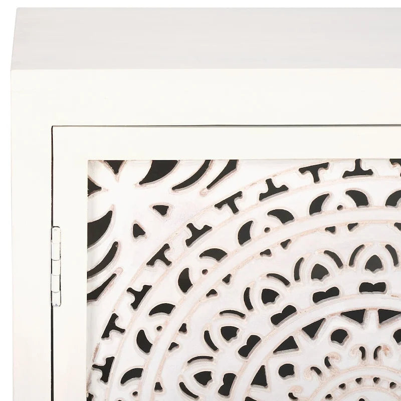 Meuble TV en bois de manguier blanchi avec motif découpé, 2 étagères et 2 portes
