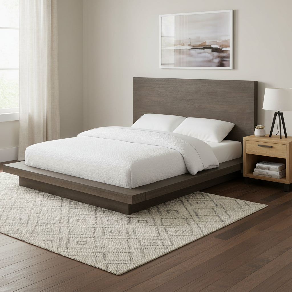 Nels Pine Wood Platform Queen Bed, Plinth Base, Distressed Brown