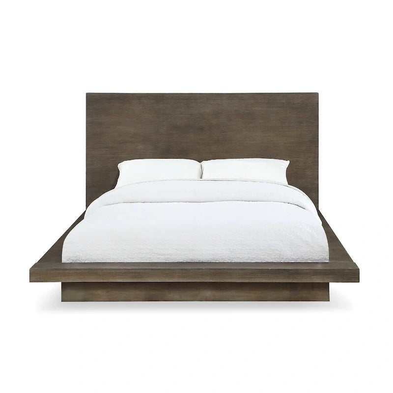 Lit plateforme bas Queen, Marron vieilli, Pin brossé, Base plinthe, Pour 2