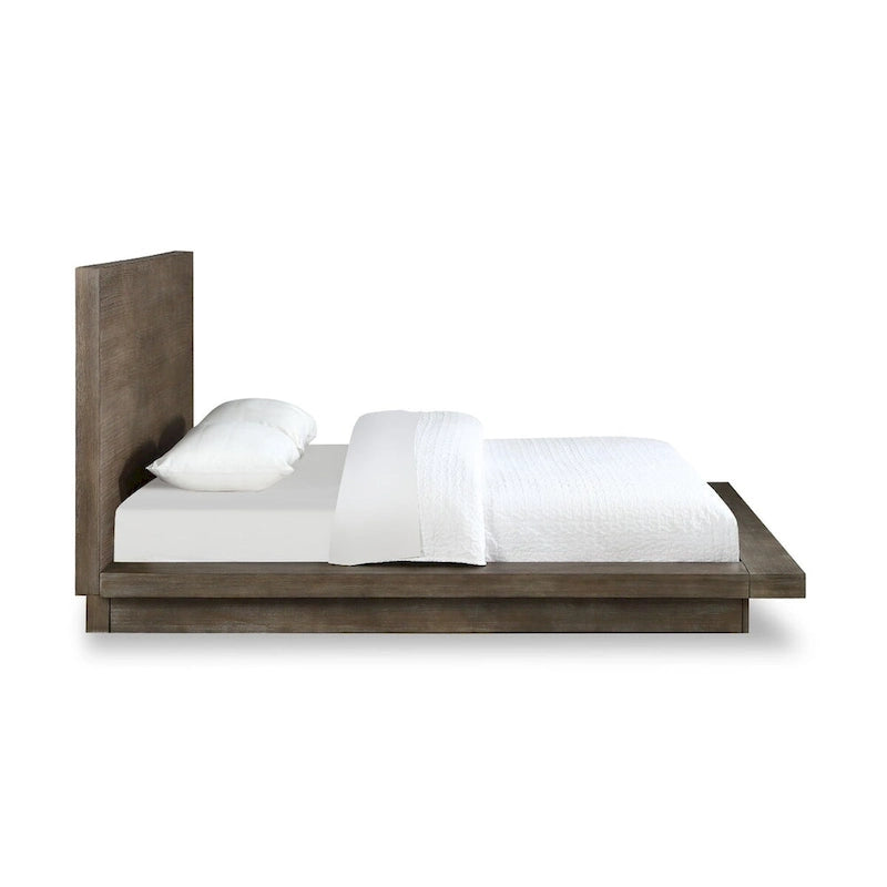 Lit plateforme bas Queen, Marron vieilli, Pin brossé, Base plinthe, Pour 2