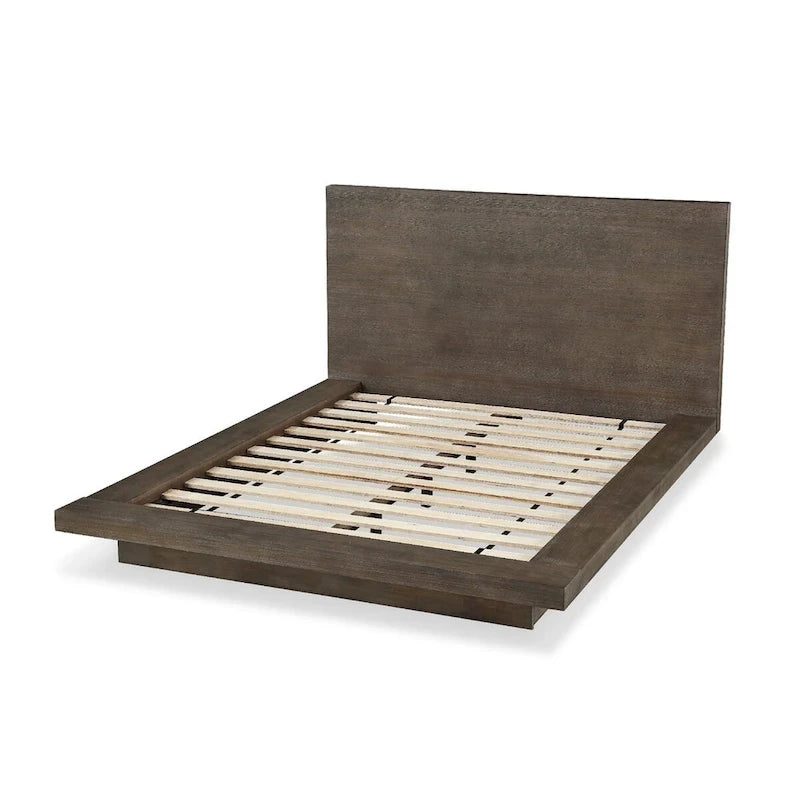 Lit plateforme bas Queen, Marron vieilli, Pin brossé, Base plinthe, Pour 2