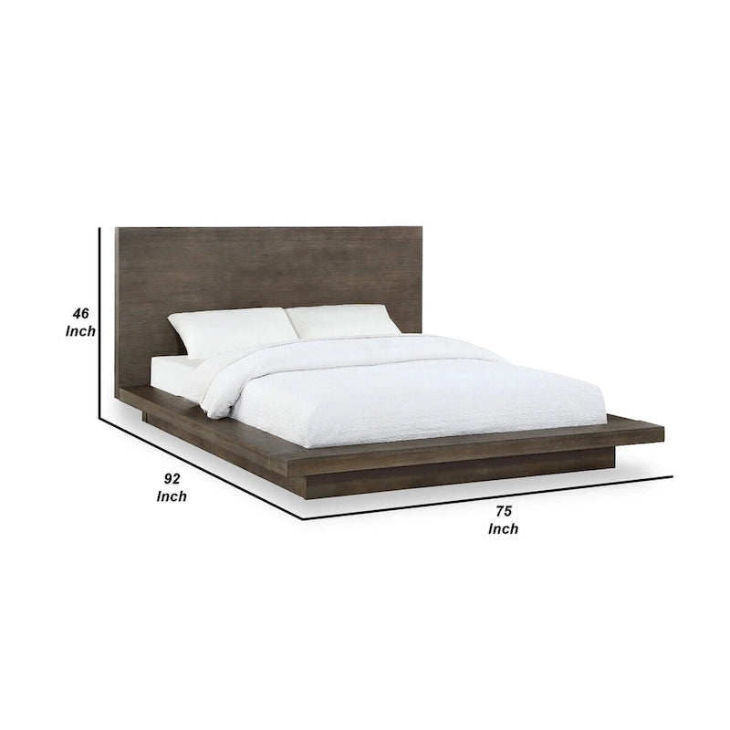 Lit plateforme bas Queen, Marron vieilli, Pin brossé, Base plinthe, Pour 2