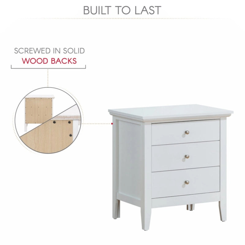 Table de chevet à 3 tiroirs, blanc, placage bois véritable, quincaillerie nickel, simple
