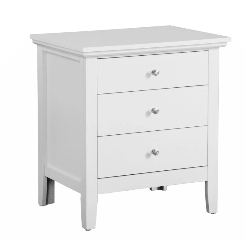 Table de chevet à 3 tiroirs, blanc, placage bois véritable, quincaillerie nickel, simple