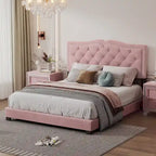 Lit plate-forme capitonné Queen Velvet avec tête de lit rivetée, Rose / Beige / Gris, Pour 2