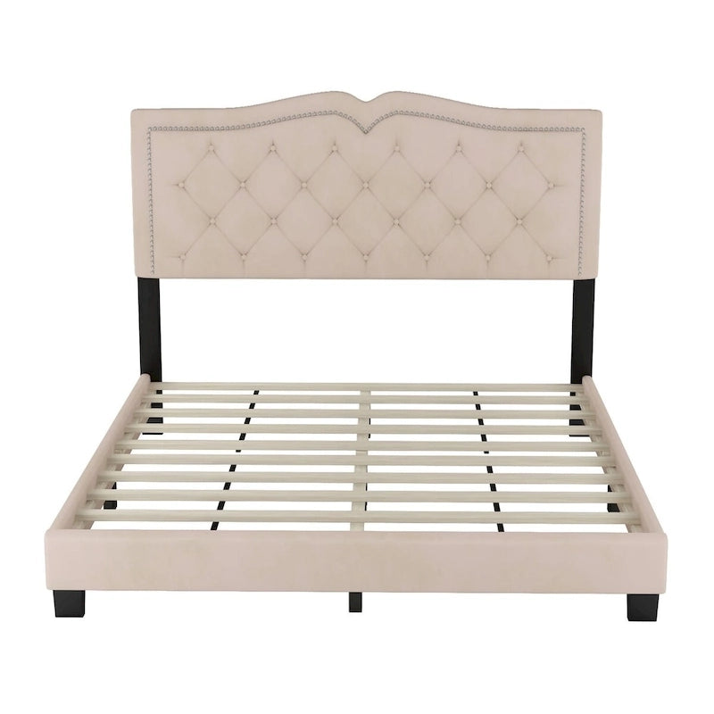 Lit plate-forme capitonné Queen Velvet avec tête de lit rivetée, Rose / Beige / Gris, Pour 2