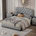 Lit plate-forme capitonné Queen Velvet avec tête de lit rivetée, Rose / Beige / Gris, Pour 2
