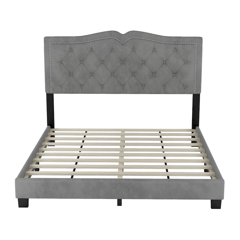 Lit plate-forme capitonné Queen Velvet avec tête de lit rivetée, Rose / Beige / Gris, Pour 2