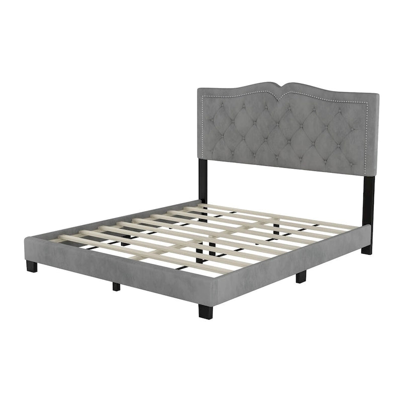 Lit plate-forme capitonné Queen Velvet avec tête de lit rivetée, Rose / Beige / Gris, Pour 2
