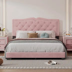 Lit plate-forme capitonné Queen Velvet avec tête de lit rivetée, Rose / Beige / Gris, Pour 2