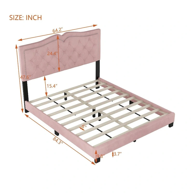 Lit plate-forme capitonné Queen Velvet avec tête de lit rivetée, Rose / Beige / Gris, Pour 2