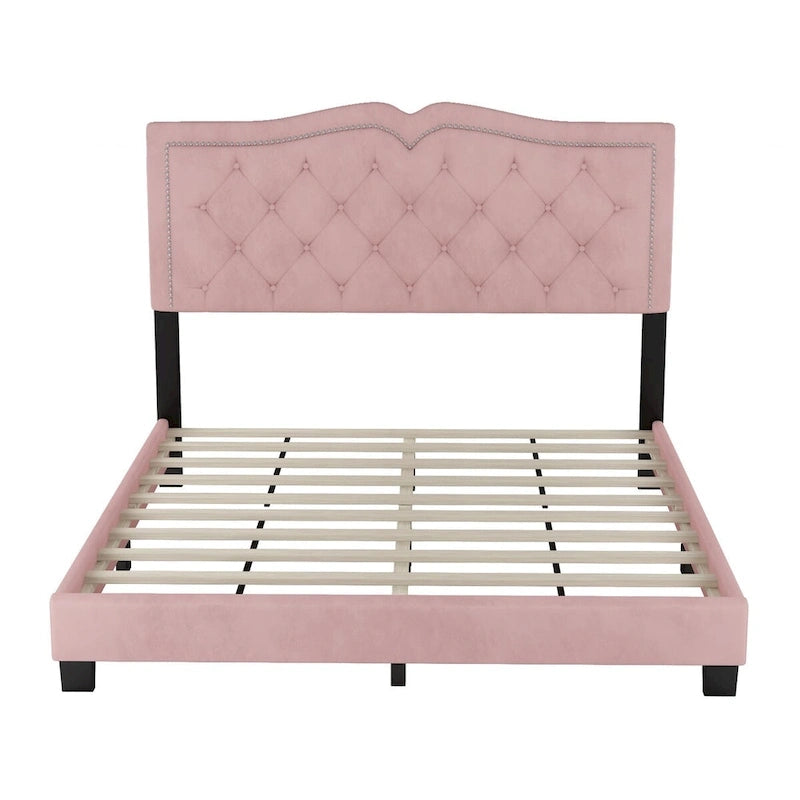 Lit plate-forme capitonné Queen Velvet avec tête de lit rivetée, Rose / Beige / Gris, Pour 2