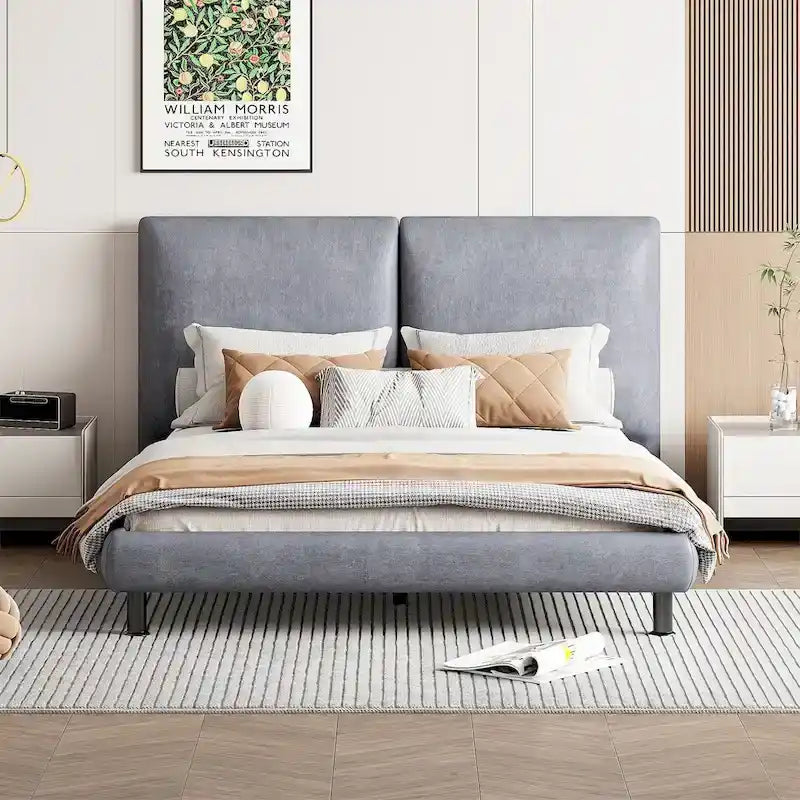 Lit plate-forme capitonné avec deux oreillers de tête de lit, Beige / Gris, Polyester, Pour 2