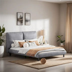 Lit plate-forme capitonné avec deux oreillers de tête de lit, Beige / Gris, Polyester, Pour 2