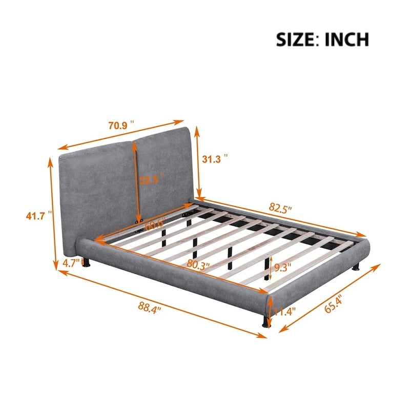 Lit plate-forme capitonné avec deux oreillers de tête de lit, Beige / Gris, Polyester, Pour 2