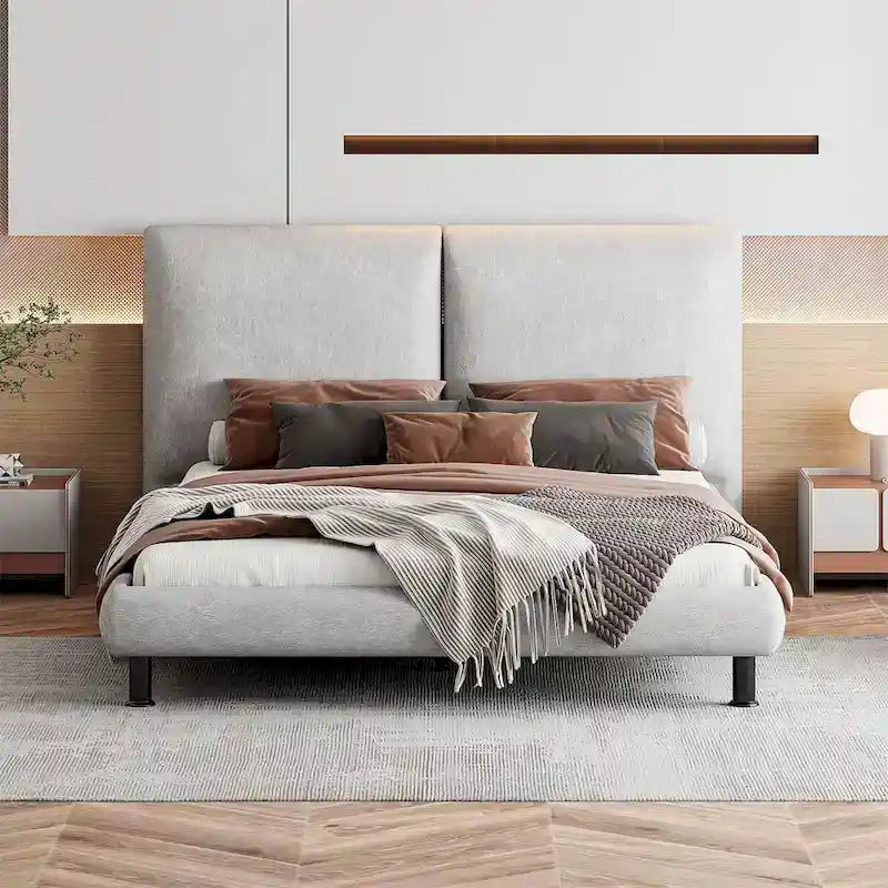 Lit plate-forme capitonné avec deux oreillers de tête de lit, Beige / Gris, Polyester, Pour 2