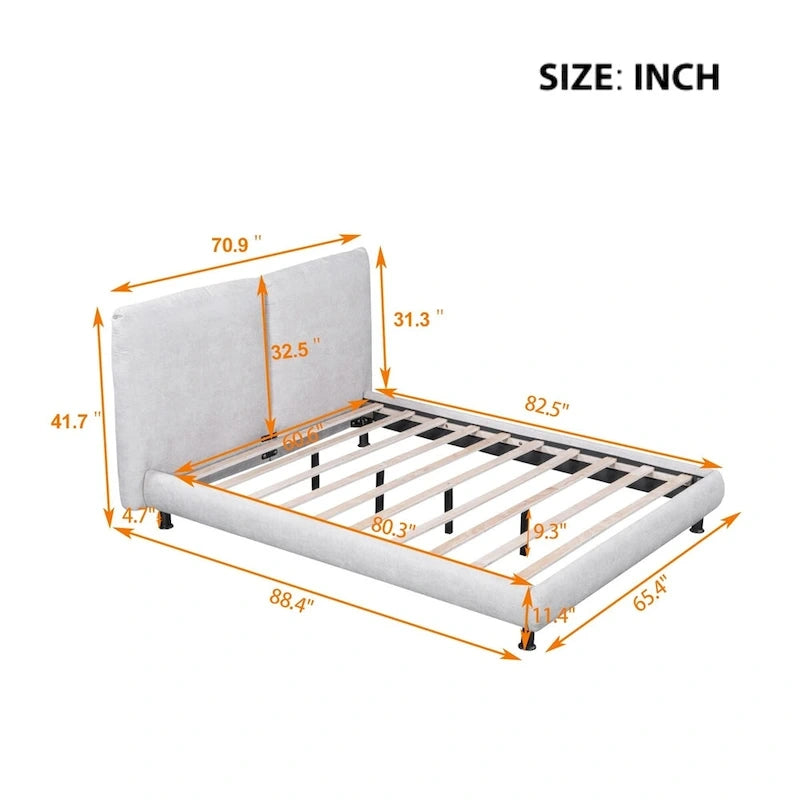 Lit plate-forme capitonné avec deux oreillers de tête de lit, Beige / Gris, Polyester, Pour 2