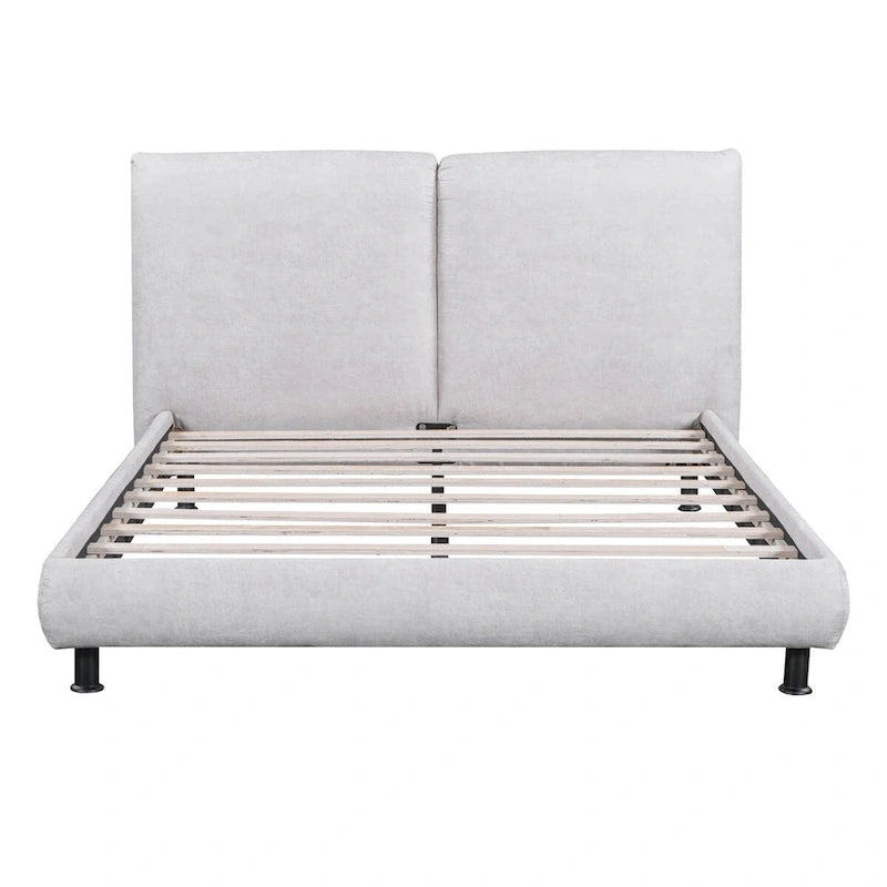 Lit plate-forme capitonné avec deux oreillers de tête de lit, Beige / Gris, Polyester, Pour 2