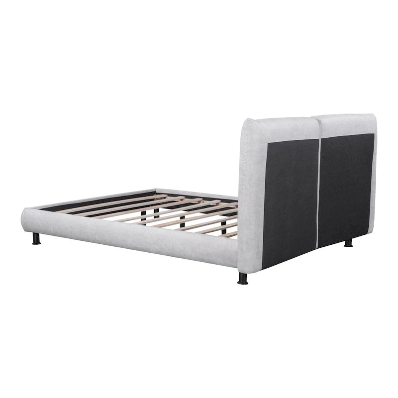 Lit plate-forme capitonné avec deux oreillers de tête de lit, Beige / Gris, Polyester, Pour 2