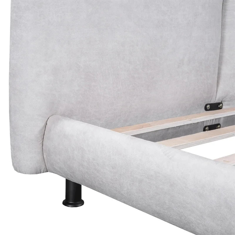 Lit plate-forme capitonné avec deux oreillers de tête de lit, Beige / Gris, Polyester, Pour 2