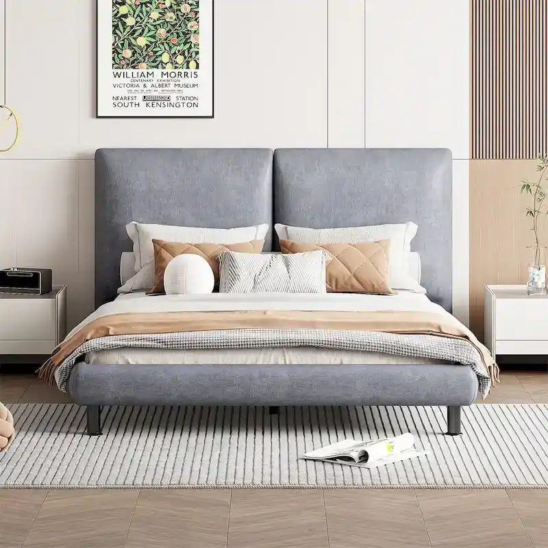 Lit plate-forme capitonné avec deux oreillers de tête de lit, Beige / Gris, Polyester, Pour 2