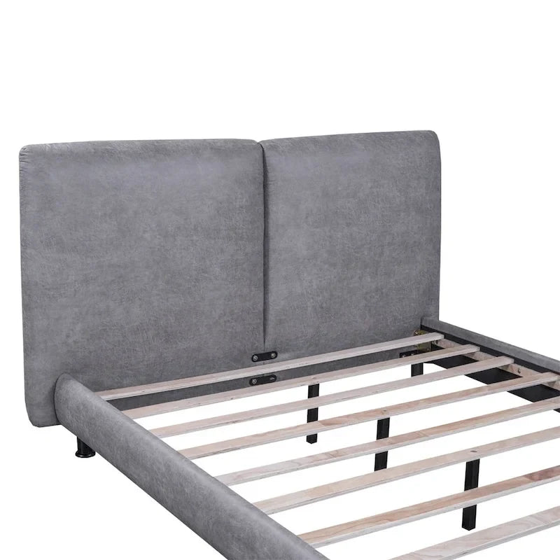 Lit plate-forme capitonné avec deux oreillers de tête de lit, Beige / Gris, Polyester, Pour 2