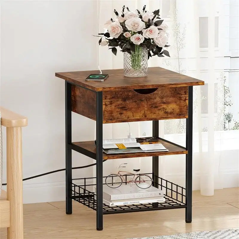 Table de chevet rustique carrée avec station de recharge, Noir/Marron, tiroir à rabat, simple