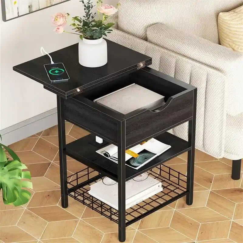 Table de chevet rustique carrée avec station de recharge, Noir/Marron, tiroir à rabat, simple