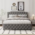 Lit queen avec lit gigogne double et ports USB, gris/beige, lin touffeté, pour 2 personnes