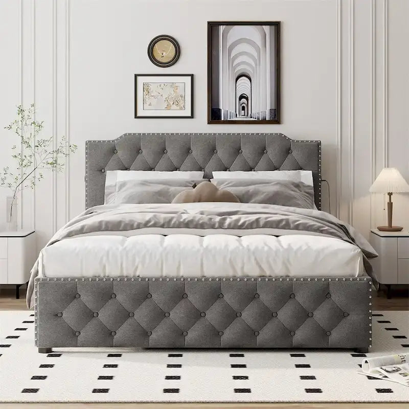 Lit queen avec lit gigogne double et ports USB, gris/beige, lin touffeté, pour 2 personnes