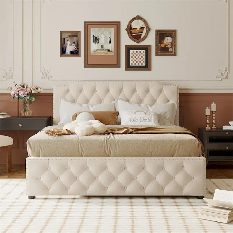 Lit queen avec lit gigogne double et ports USB, gris/beige, lin touffeté, pour 2 personnes