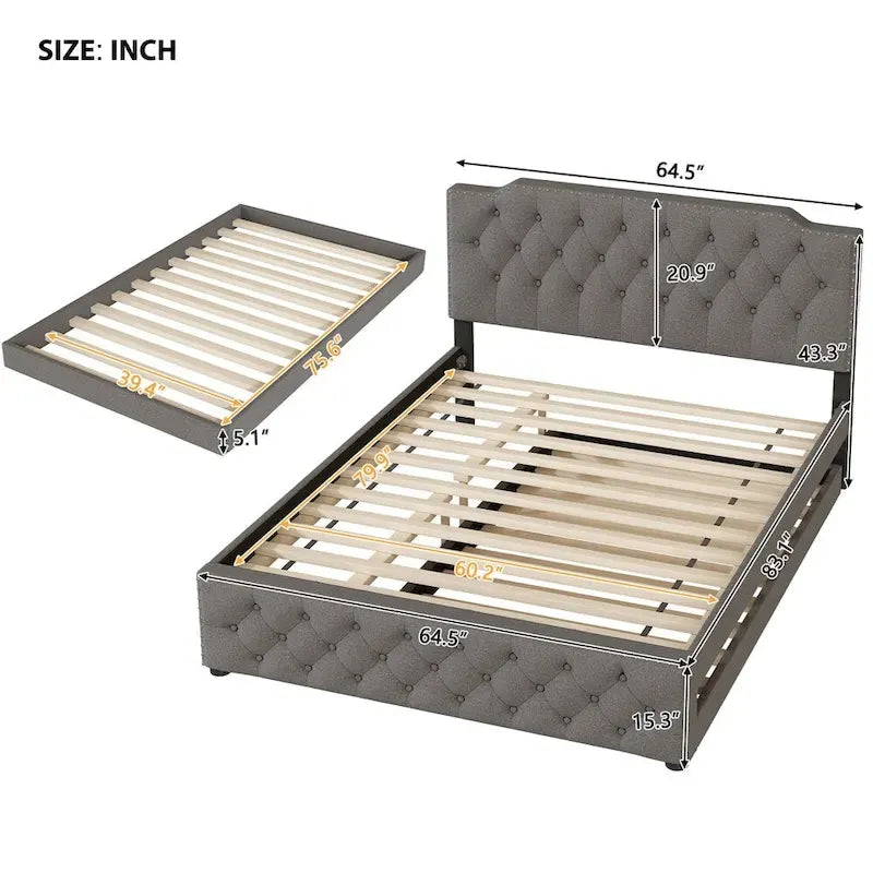Lit queen avec lit gigogne double et ports USB, gris/beige, lin touffeté, pour 2 personnes